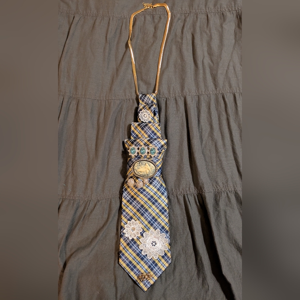 Elegant Handmade Plaid Tie Necklace with Gold Chain